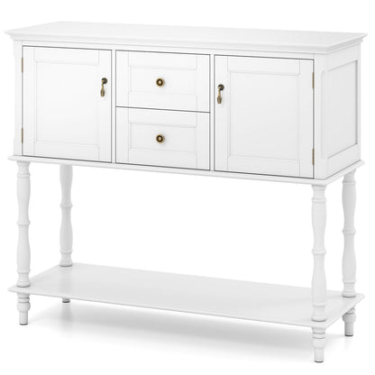 White console table with 2 center drawers and 2 side cabinet doors, turned legs, shelf on Tampa Home & Garden Store