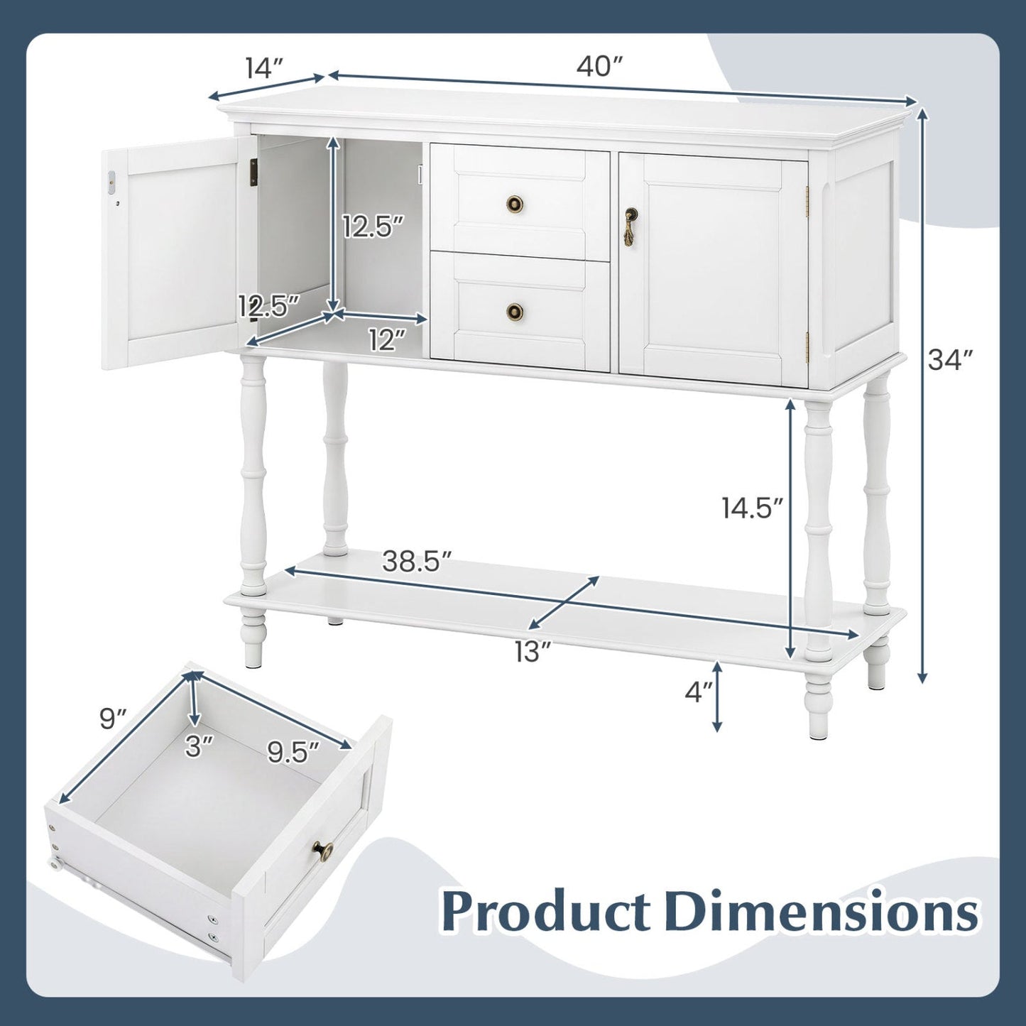 Console table with 2 drawers and storage cabinets in white, DirectDeals, 40x14x34 in on Tampa Home & Garden Store