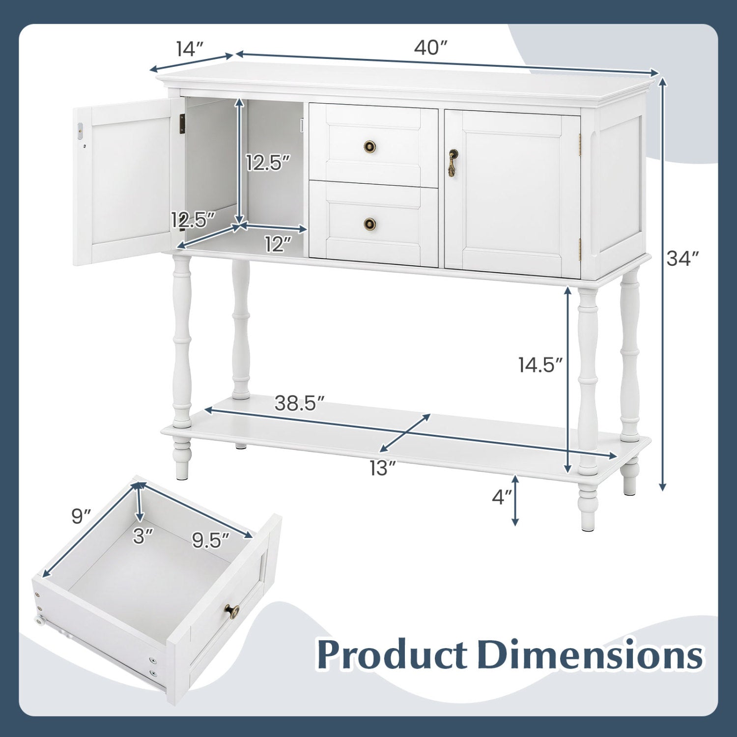 Console table with 2 drawers and storage cabinets in white, DirectDeals, 40x14x34 in on Tampa Home & Garden Store