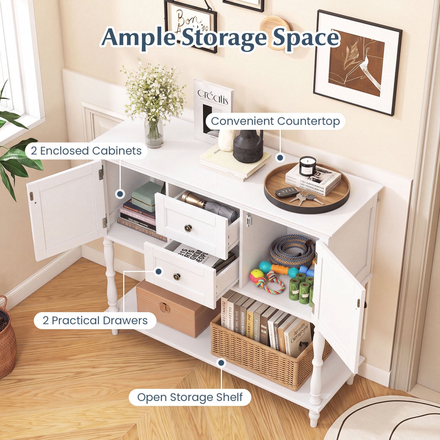 Console table DirectDeals, white finish with 2 enclosed cabinets and 2 drawers plus open shelf on Tampa Home & Garden Store