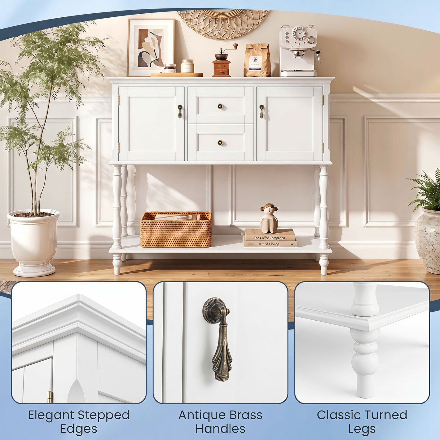 Console Table with 2 drawers and cabinets by DirectDeals in white with brass handles on Tampa Home & Garden Store