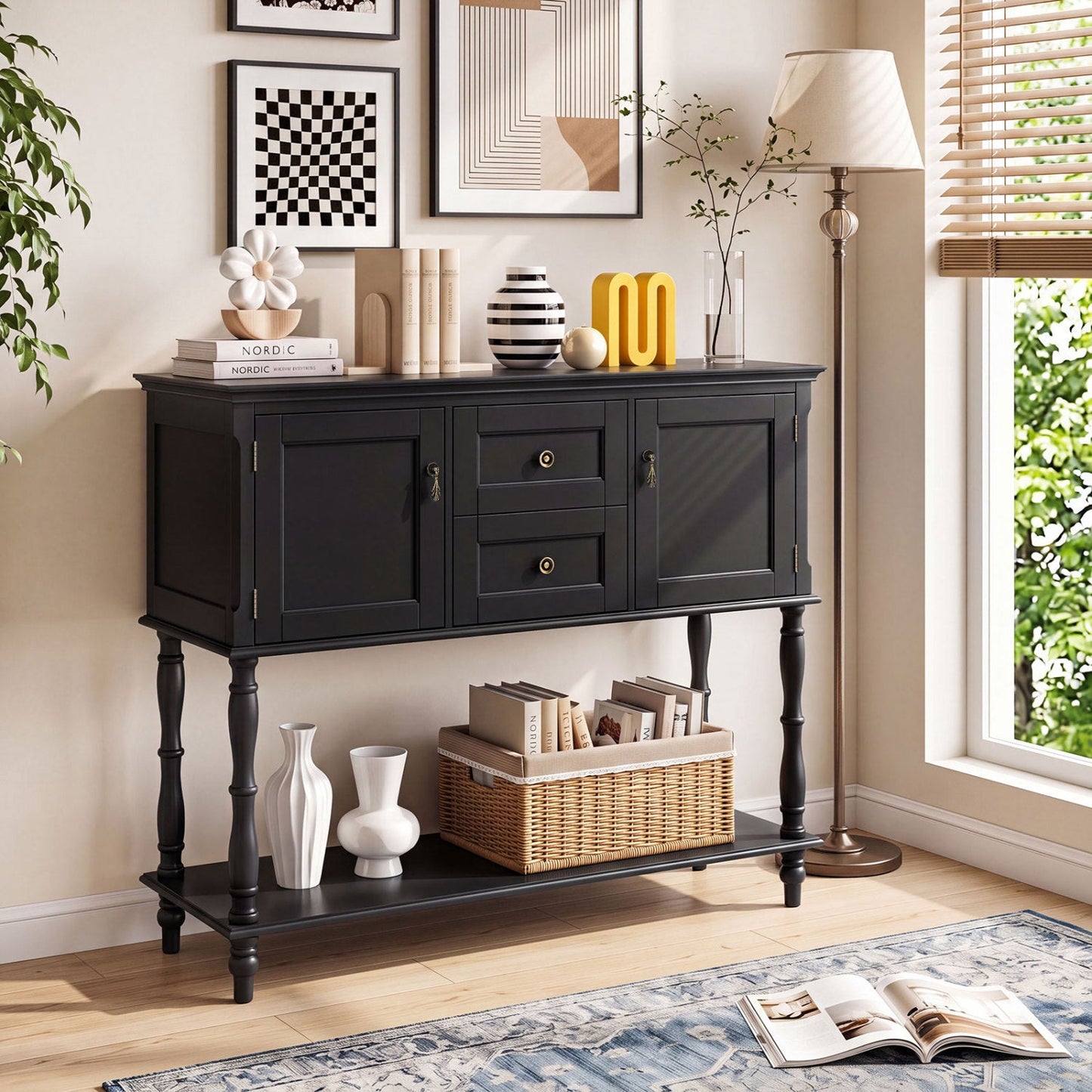 Console table in black painted wood with 2 drawers and storage cabinets, top decor books and vases on Tampa Home & Garden Store