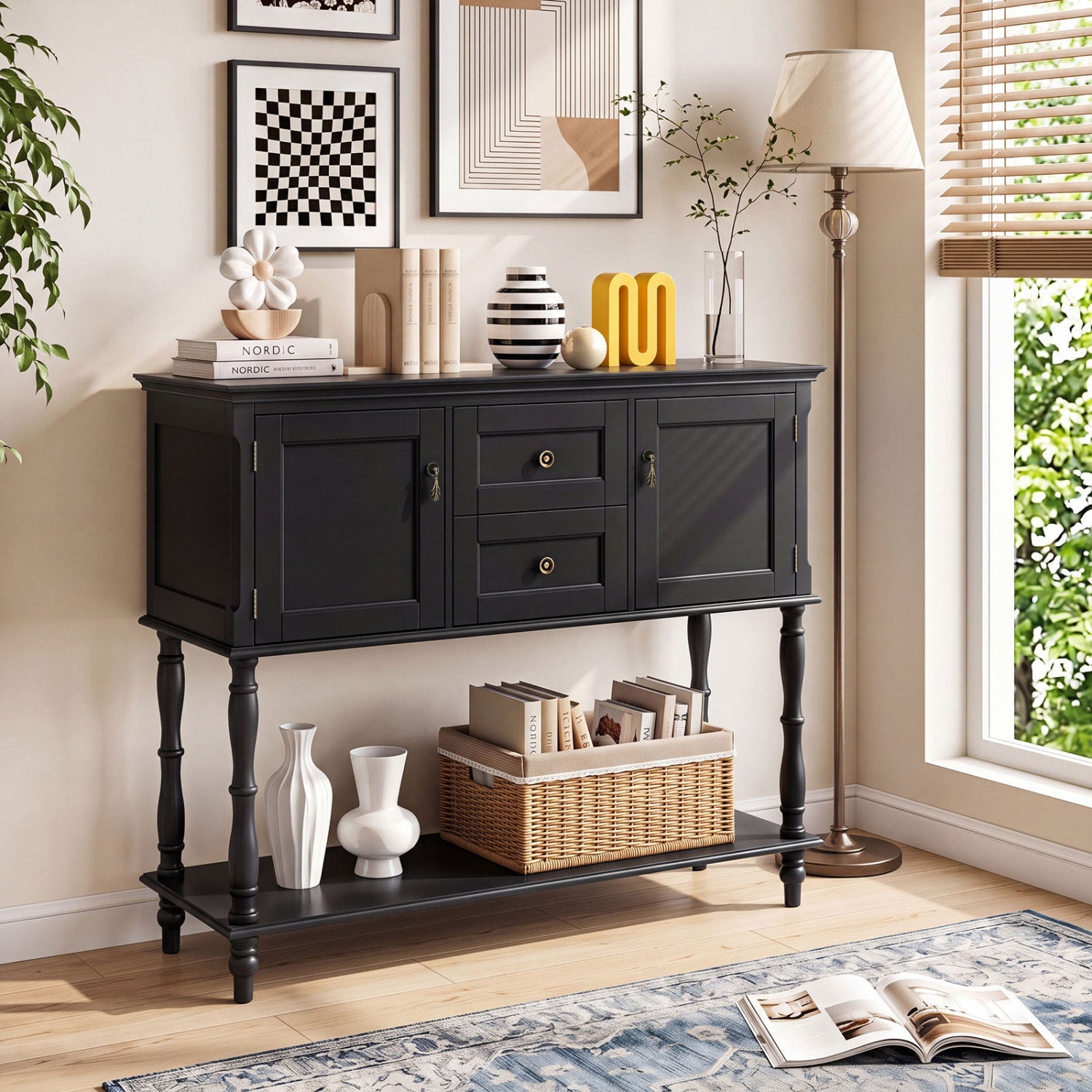 Console table in black painted wood with 2 drawers and storage cabinets, top decor books and vases on Tampa Home & Garden Store