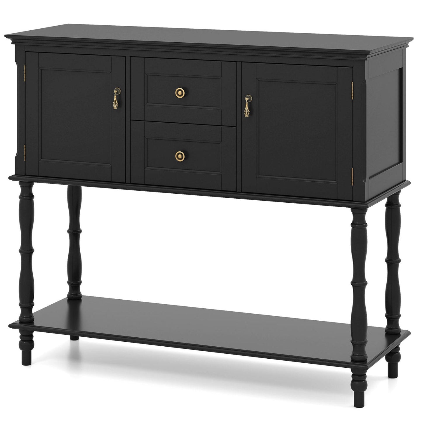 DirectDeals black console table with 2 drawers and cabinet doors, brass knobs, turned legs on Tampa Home & Garden Store