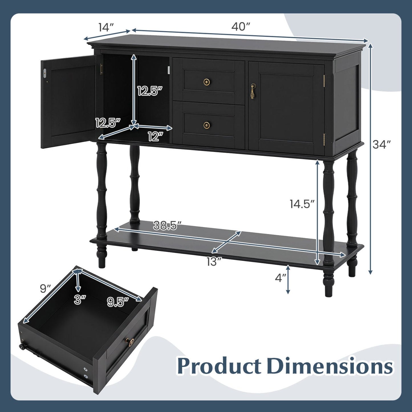 DirectDeals black console table with 2 drawers and cabinet, brass hardware, turned legs on Tampa Home & Garden Store