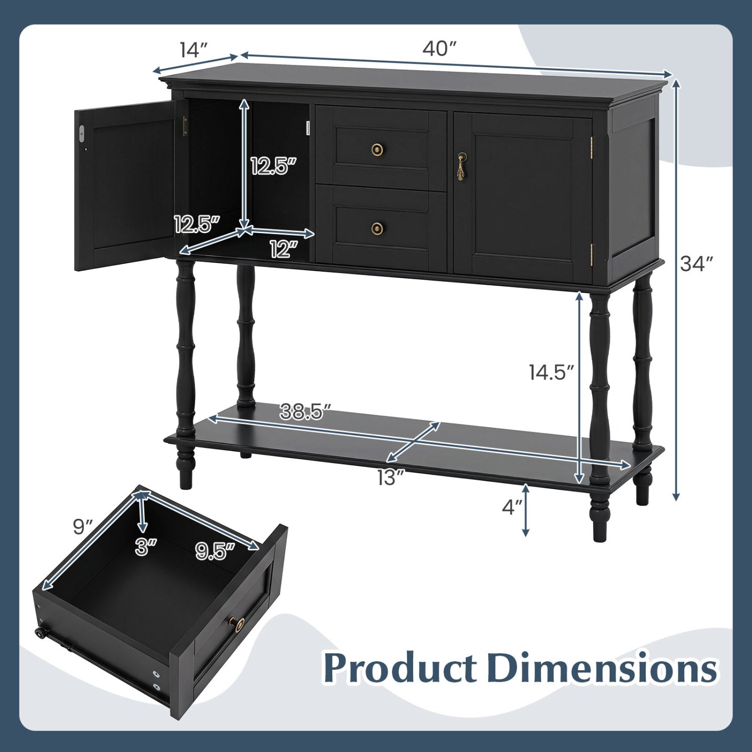 DirectDeals black console table with 2 drawers and cabinet, brass hardware, turned legs on Tampa Home & Garden Store