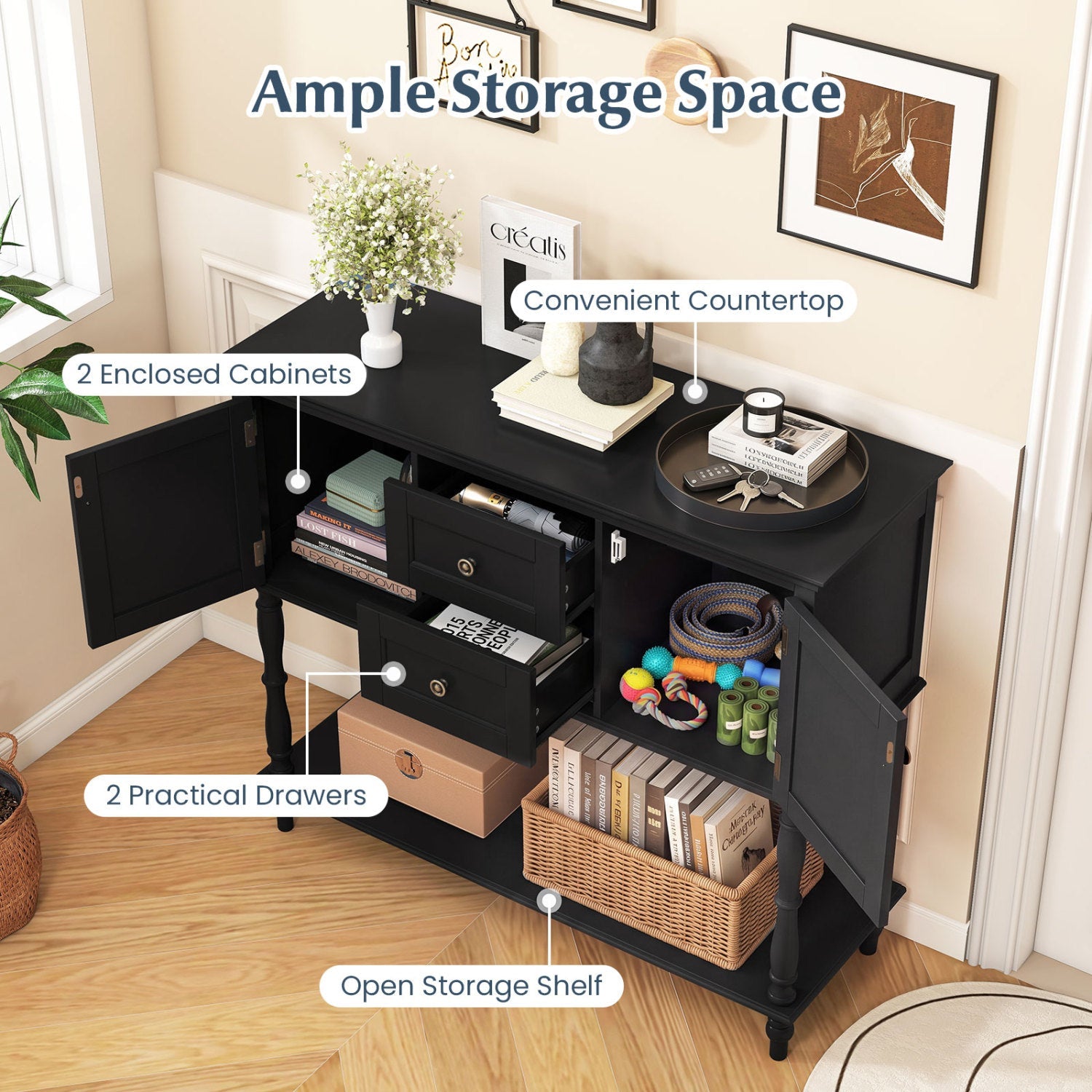 Console Table with 2 drawers, 2 enclosed cabinets, open lower shelf in black finish DirectDeals on Tampa Home & Garden Store
