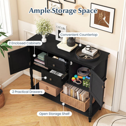 Console Table with 2 drawers, 2 enclosed cabinets, open lower shelf in black finish DirectDeals on Tampa Home & Garden Store