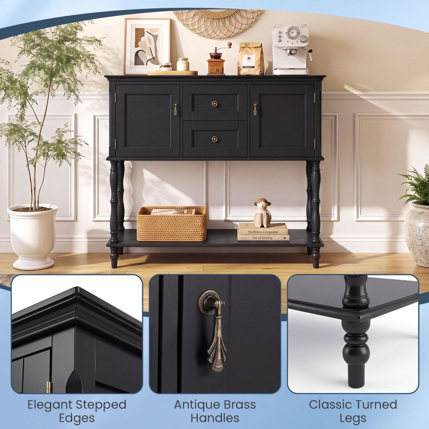 Console table with 2 drawers and storage cabinets in black, antique brass handles on Tampa Home & Garden Store