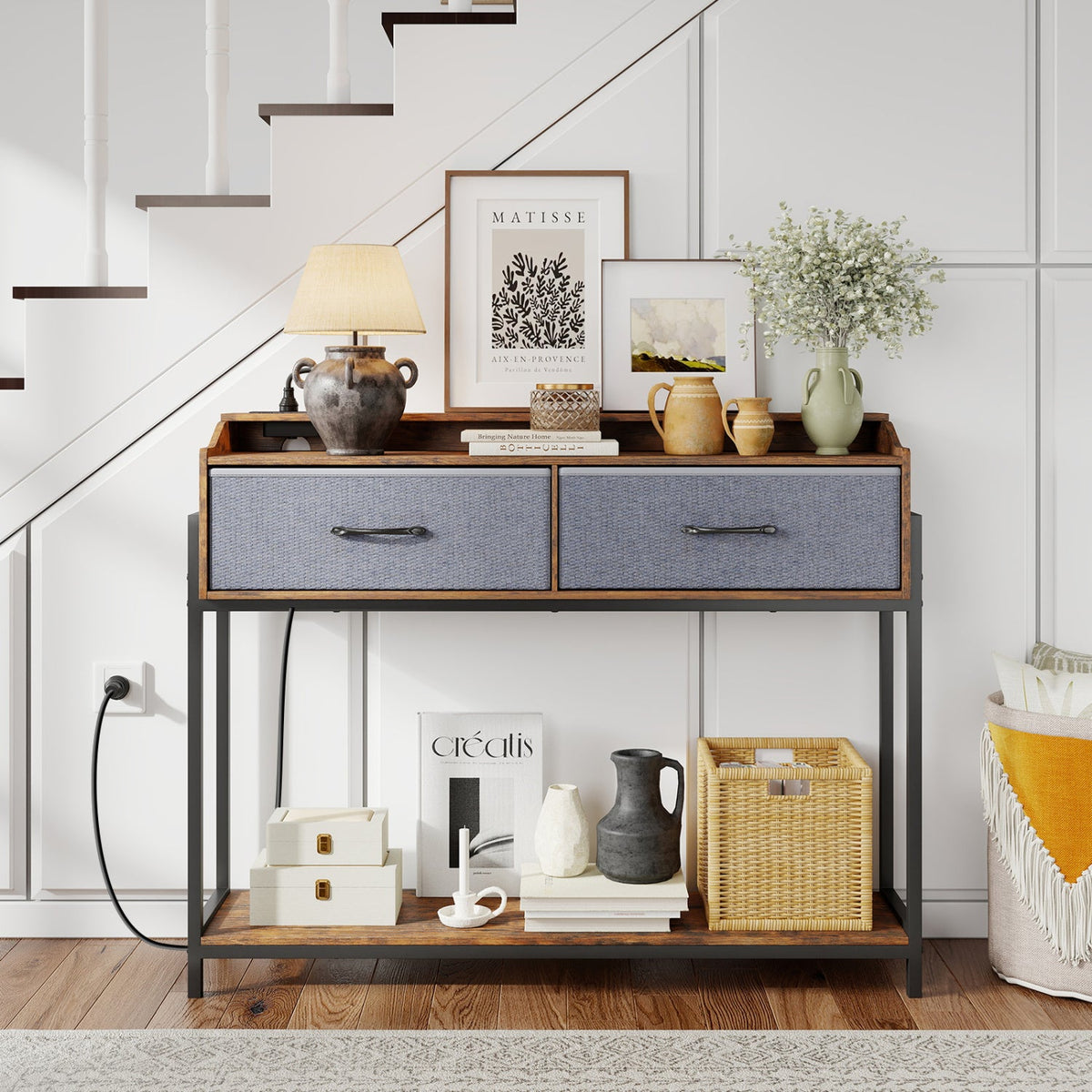 Console Table with Charging Station & 2 Drawers DirectDeals, wood top, blue fabric drawers on Tampa Home & Garden Store