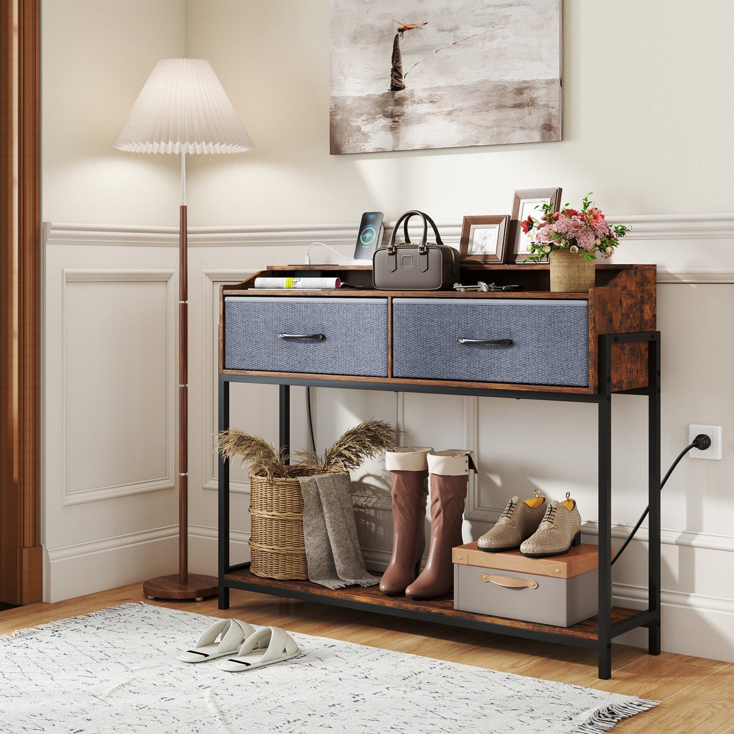 Console table with charging station and 2 blue fabric drawers, wood top, black metal legs. on Tampa Home & Garden Store