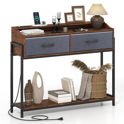 Console table with charging station and two fabric drawers; wood top with black metal frame on Tampa Home & Garden Store