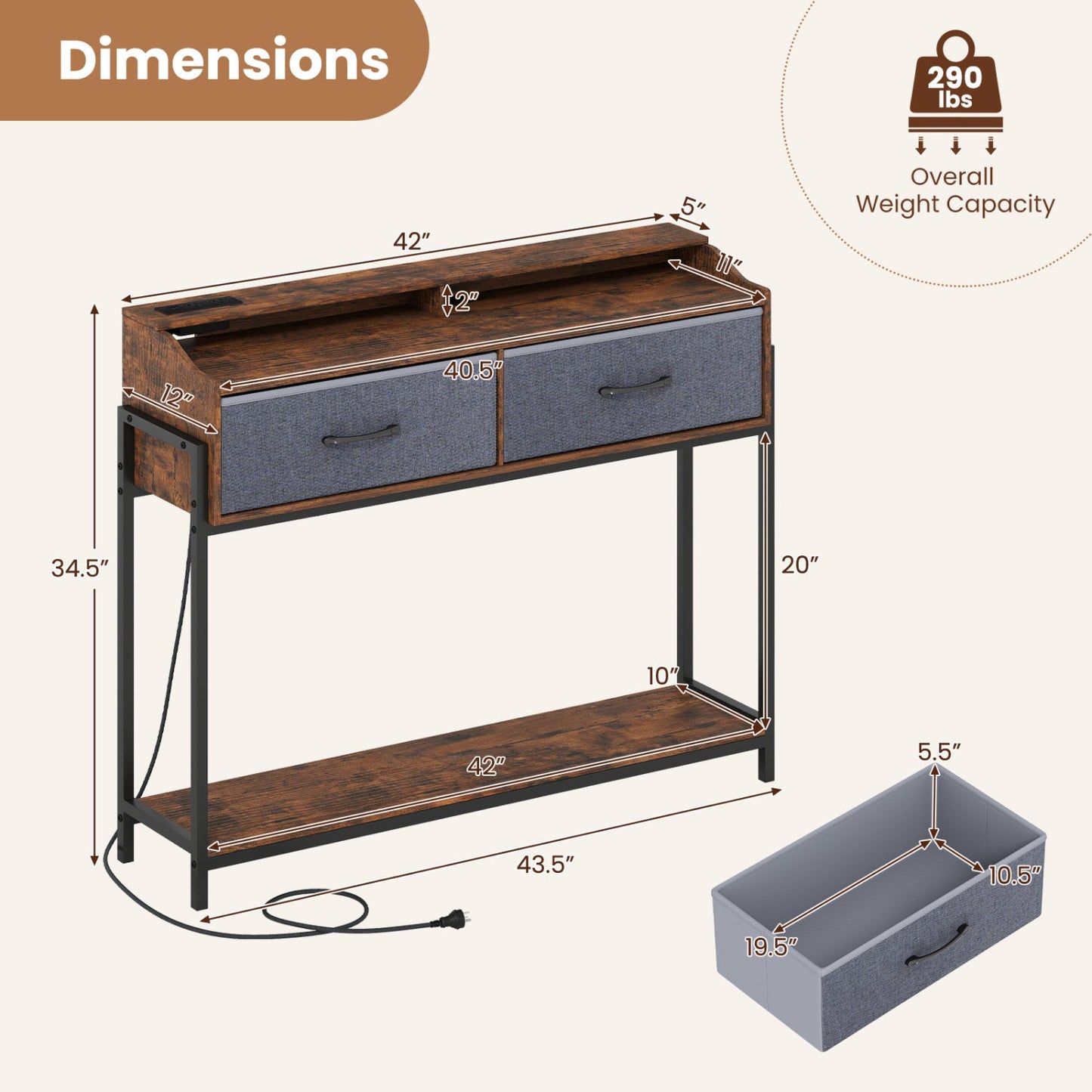 Console table with charging station and 2 drawers, blue, wood top, black metal DirectDeals on Tampa Home & Garden Store