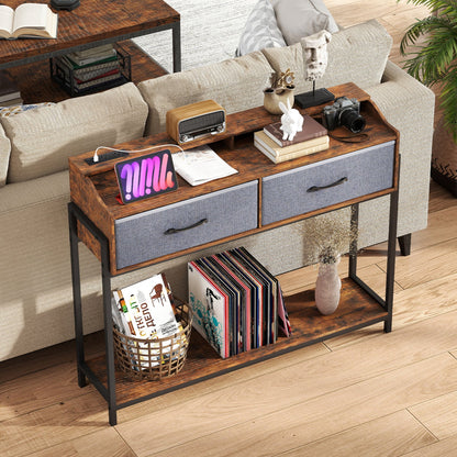 Console table with charging station and 2 blue fabric-front drawers, wood top, black metal legs on Tampa Home & Garden Store