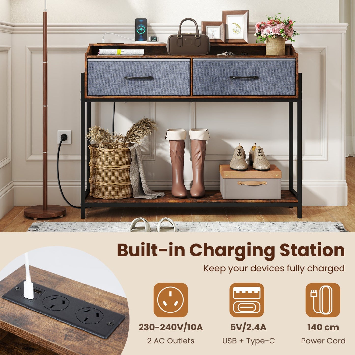 DirectDeals Console Table with Charging Station and 2 blue fabric drawers, 110cm wide, wood top on Tampa Home & Garden Store