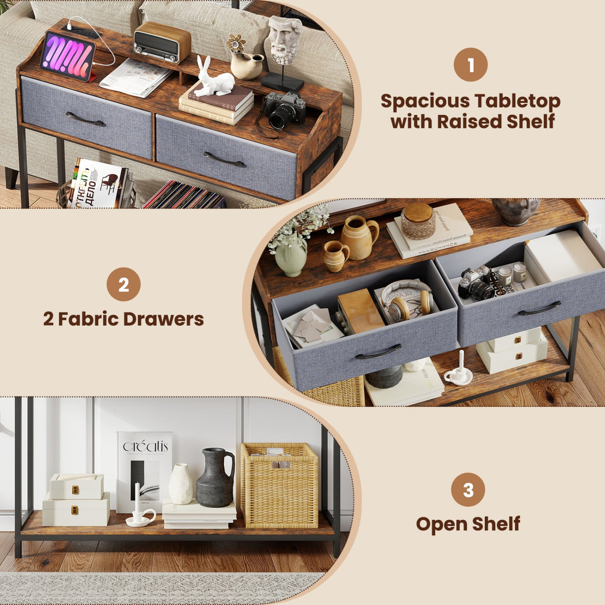 Console Table with Charging Station & 2 Fabric Drawers, 110cm, DirectDeals, wooden finish on Tampa Home & Garden Store