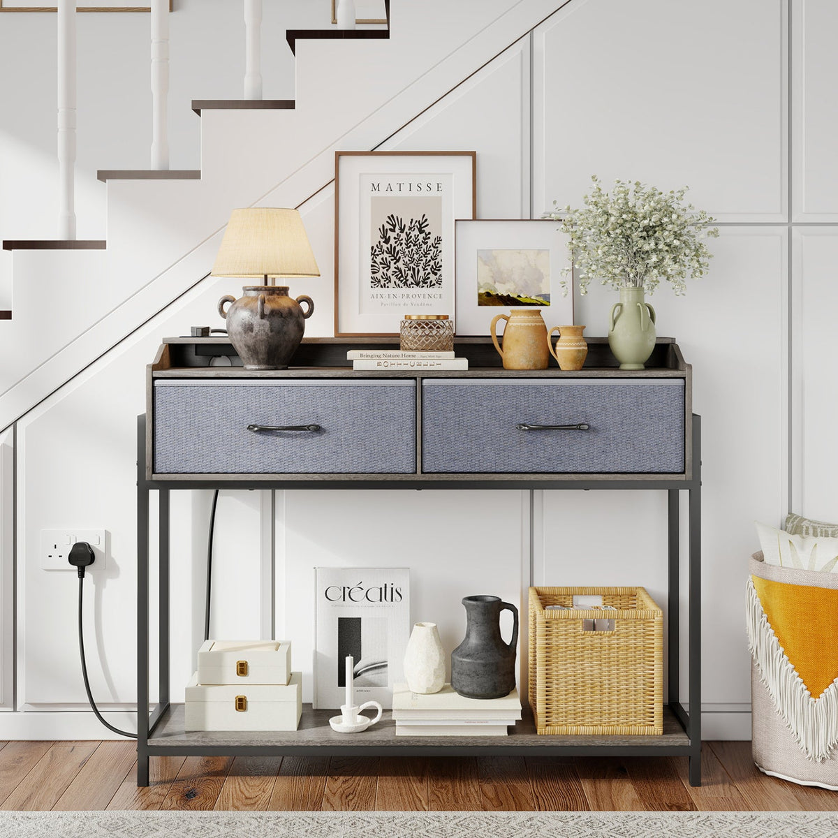 Console table with charging station and 2 blue fabric drawers, 110cm, DirectDeals on Tampa Home & Garden Store