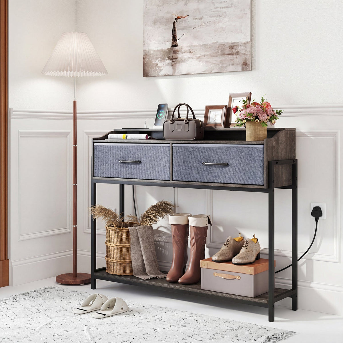 Console Table with Charging Station and 2 fabric drawers, dark wood top, DirectDeals on Tampa Home & Garden Store