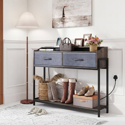 Console Table with Charging Station and 2 fabric drawers, dark wood top, DirectDeals on Tampa Home & Garden Store