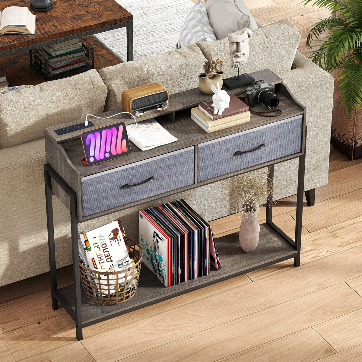 Console table with charging station and 2 drawers, 110cm, metal frame; tablet radio DirectDeals on Tampa Home & Garden Store