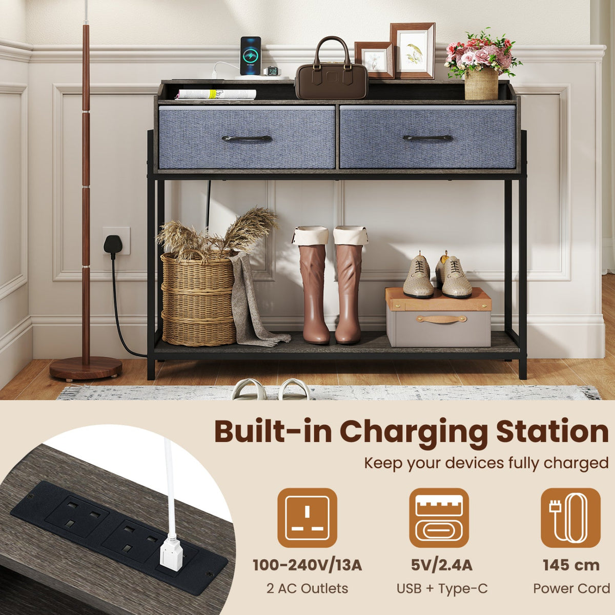 Console table with charging station and 2 blue fabric drawers, black metal frame, 110cm on Tampa Home & Garden Store