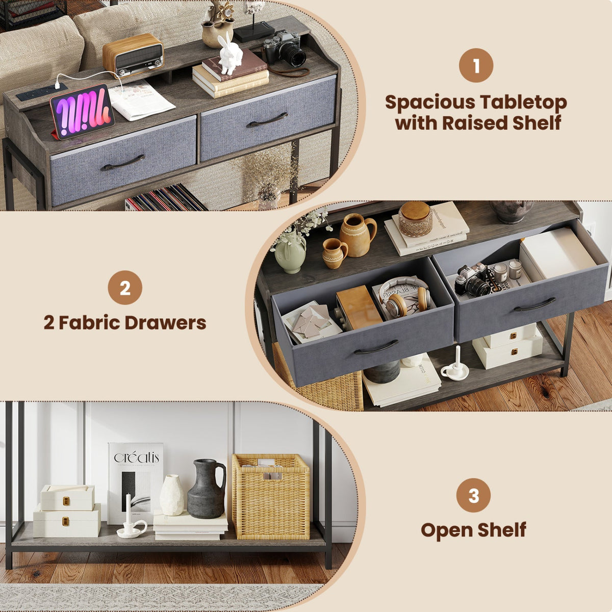 Console table with charging station and 2 fabric drawers, 110cm, dark frame DirectDeals on Tampa Home & Garden Store