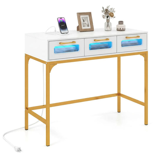 DirectDeals white console table with LED-lit 3-drawer storage and charging station, gold legs on Tampa Home & Garden Store