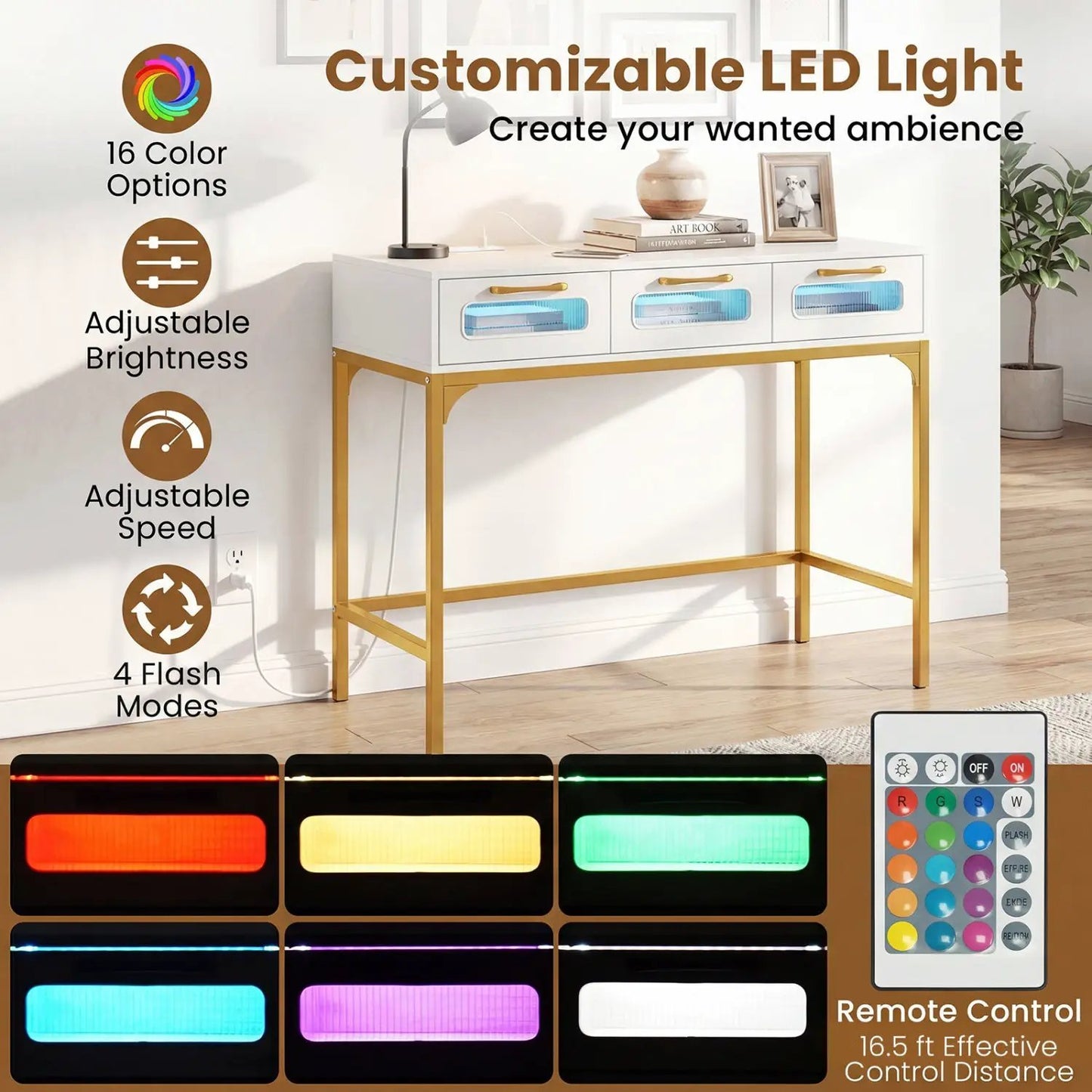 Console Table With LED Lighting and Charging