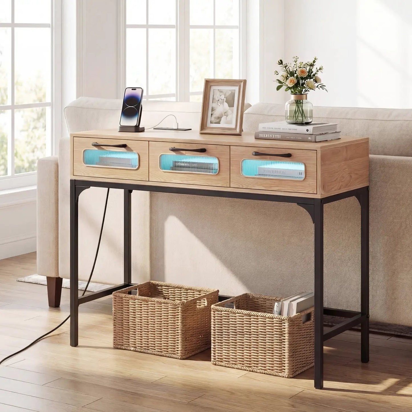 Console Table With LED Lighting and Charging