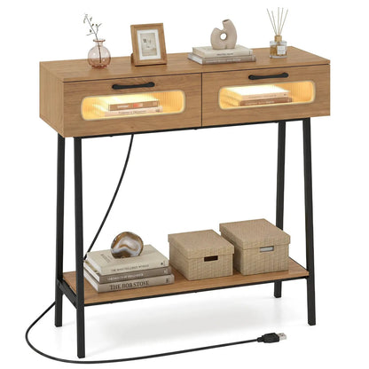 Console Table LED Lights Open Shelf Natural