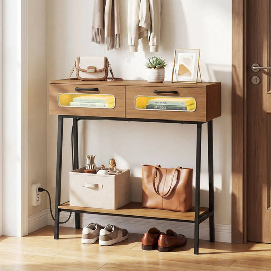 Console table with LED lights, open shelf, natural wood finish, black metal legs by DirectDeals on Tampa Home & Garden Store