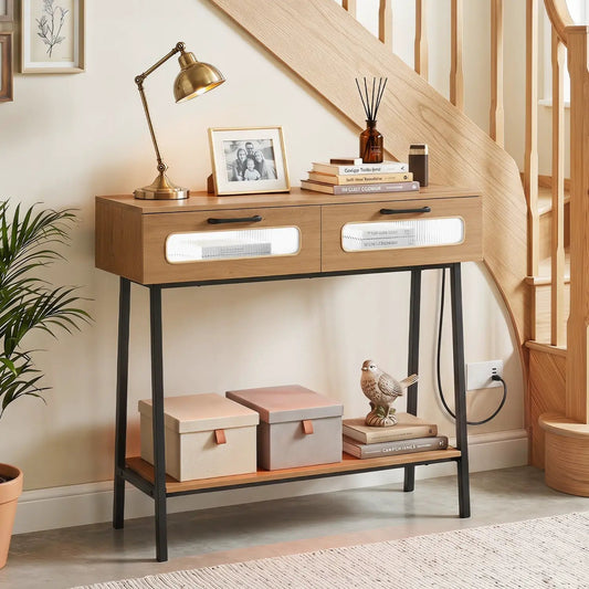 Console table in natural wood with LED-lit frosted-panel drawers and open shelf, DirectDeals on Tampa Home & Garden Store