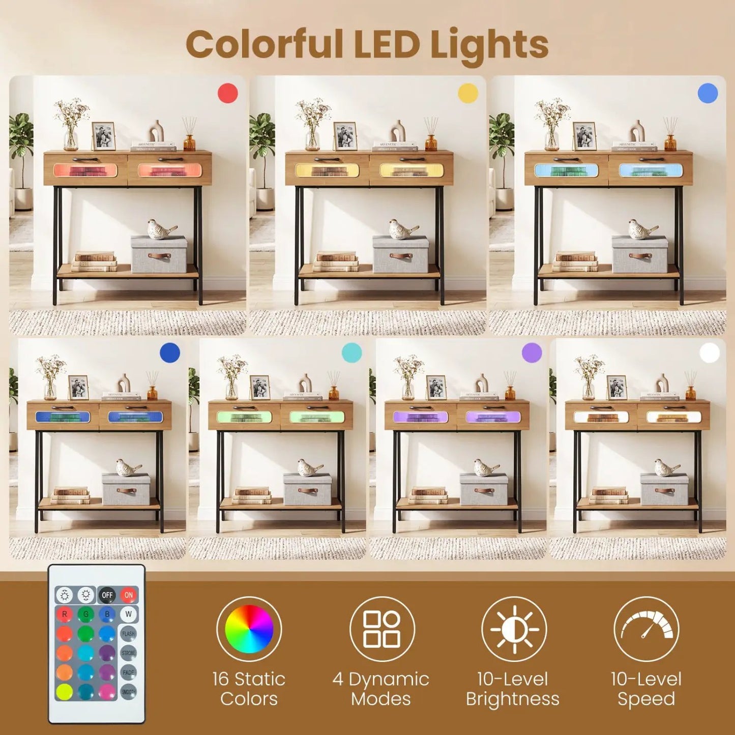 Console Table LED Lights Open Shelf Natural