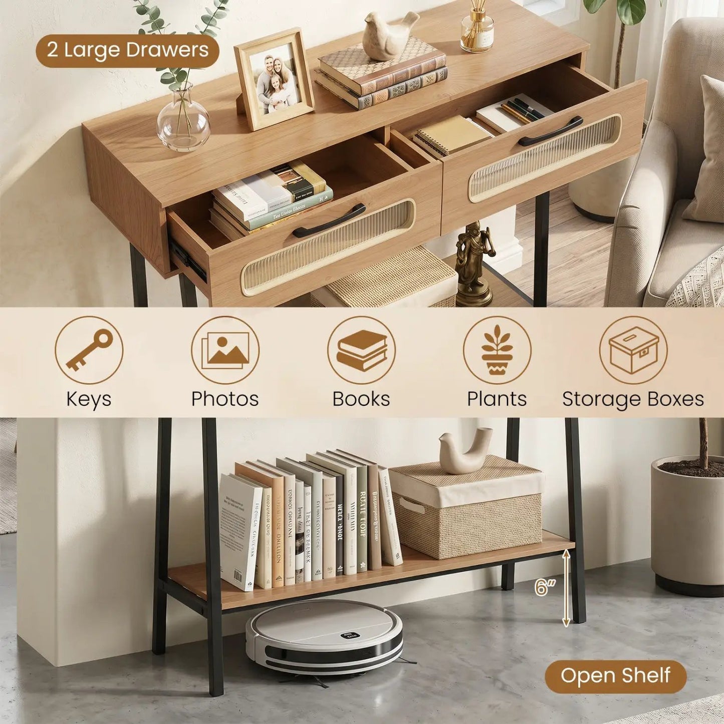 Console Table LED Lights Open Shelf Natural