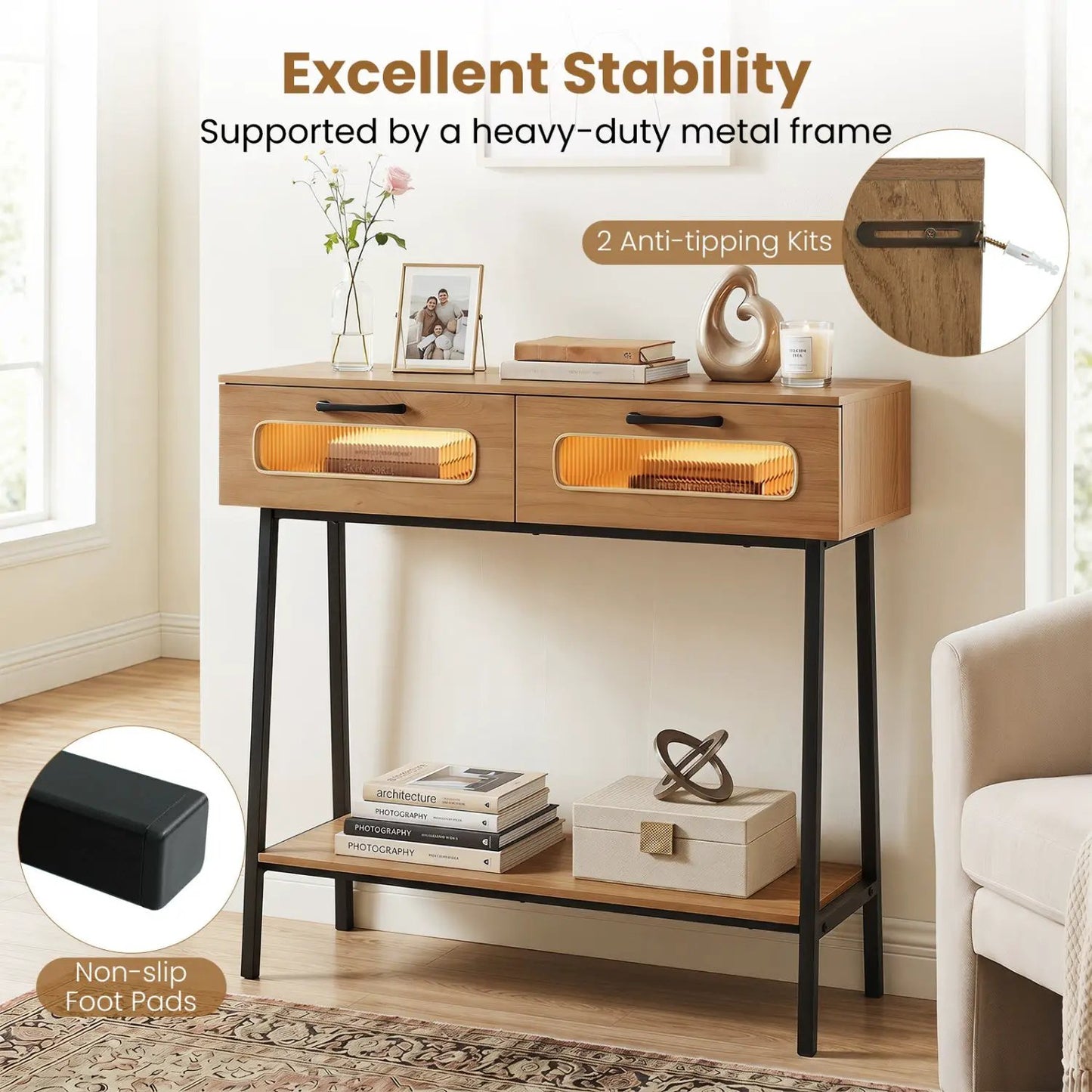 Console Table LED Lights Open Shelf Natural