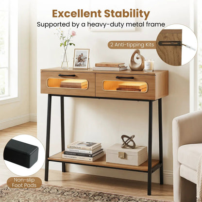 Console Table LED Lights Open Shelf Natural