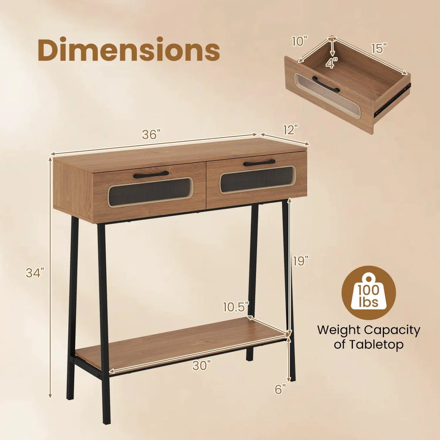 Console Table LED Lights Open Shelf Natural