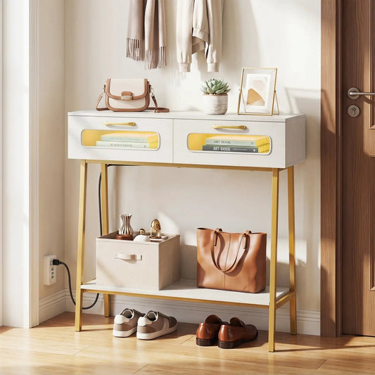 Console table with LED lights, white top and gold legs, two yellow-inside drawers DirectDeals on Tampa Home & Garden Store