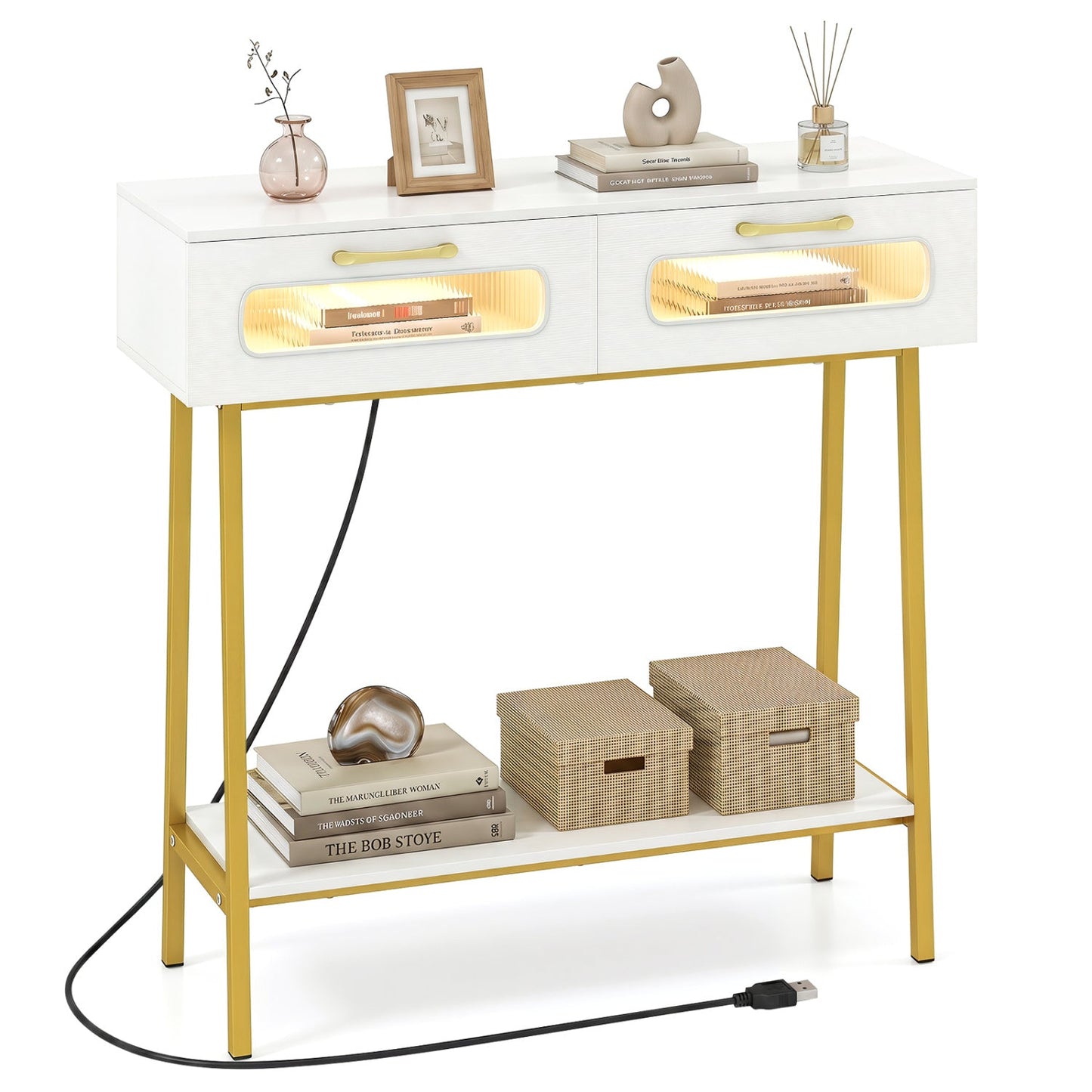 Console Table with LED Lights and Open Shelf