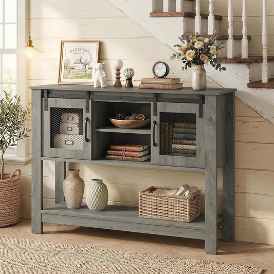Console Table with Sliding Barn Doors and Storage - Gray by DirectDeals; wood with mesh doors on Tampa Home & Garden Store