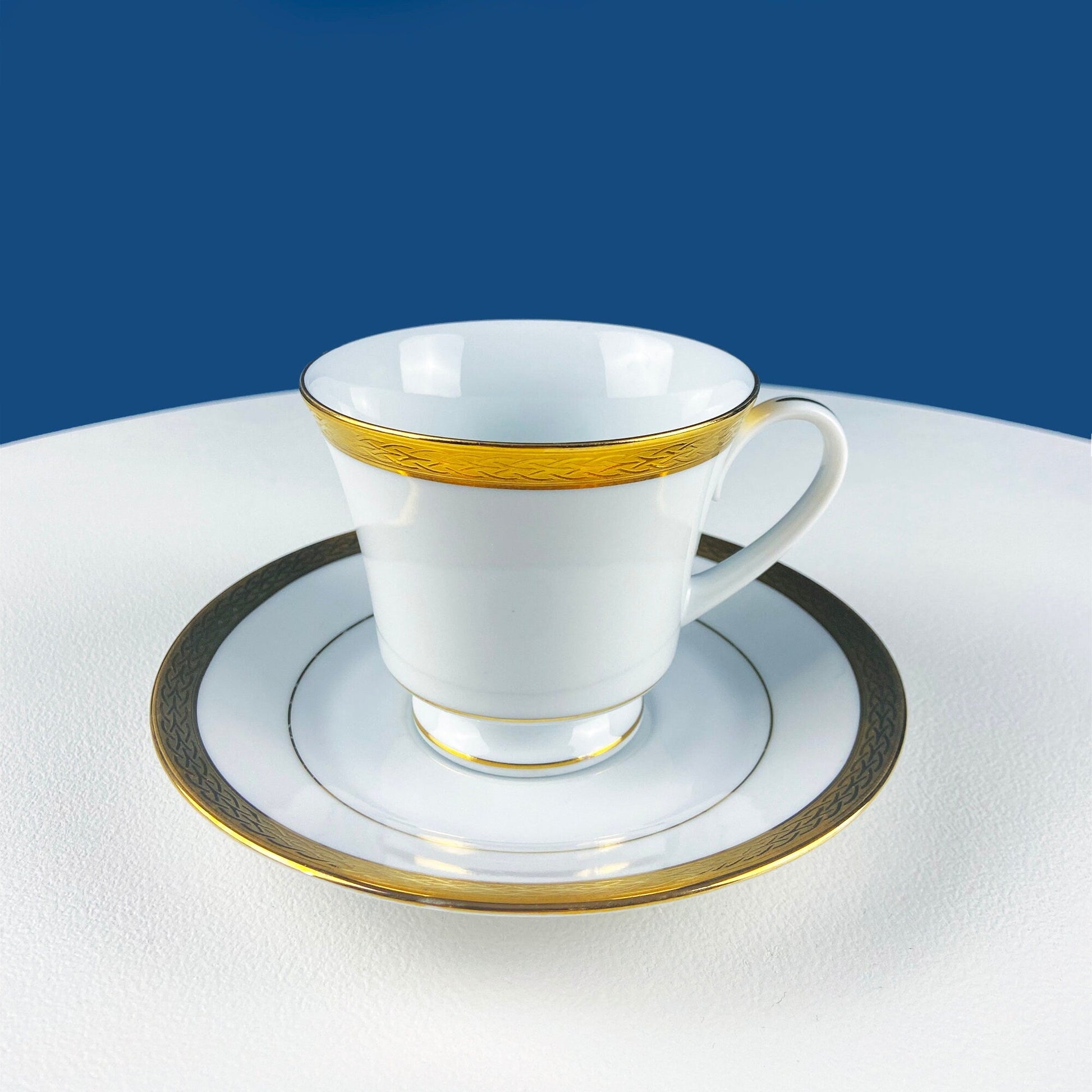 Contemporary Noritake White Cup and Saucer with Gold Rim. Classic Wedding Band China. Queen's Gold. Dining Room Decor. Minimal Design. - Tampa Home & Garden Store
