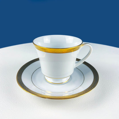 Contemporary Noritake White Cup and Saucer with Gold Rim. Classic Wedding Band China. Queen's Gold. Dining Room Decor. Minimal Design. - Tampa Home & Garden Store