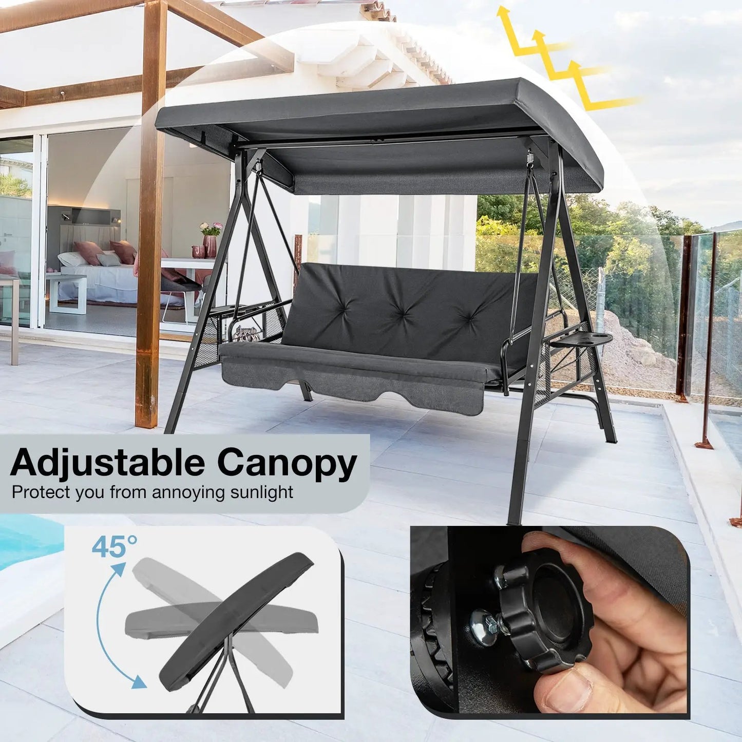 Three Seat Convertible Porch Swing With Canopy