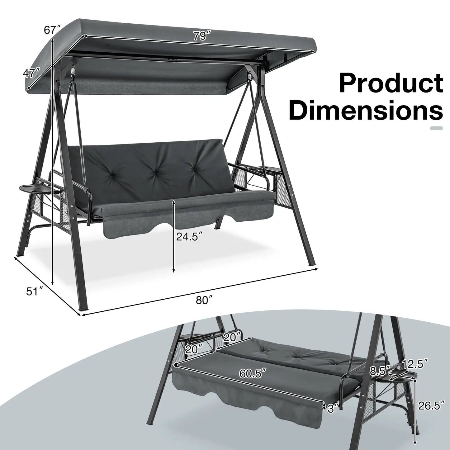Three Seat Convertible Porch Swing With Canopy