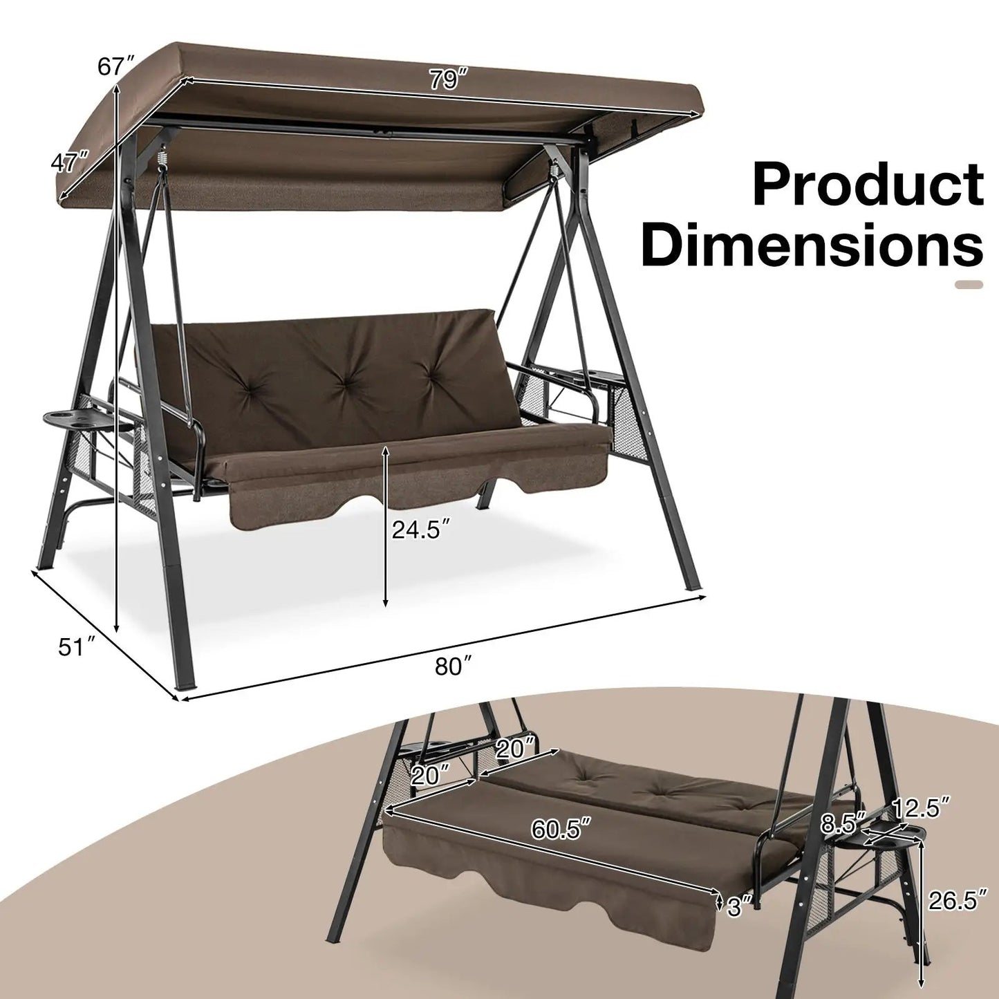 Three Seat Convertible Porch Swing With Canopy