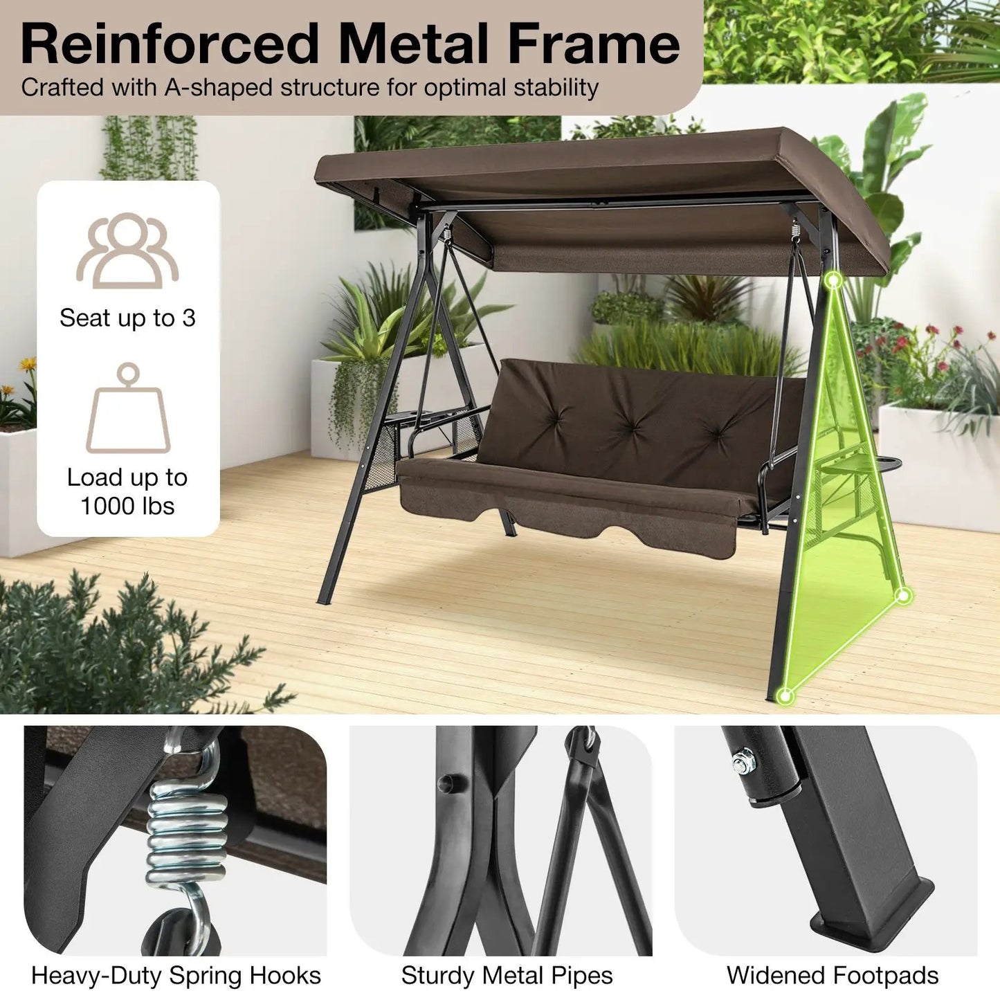 Three Seat Convertible Porch Swing With Canopy