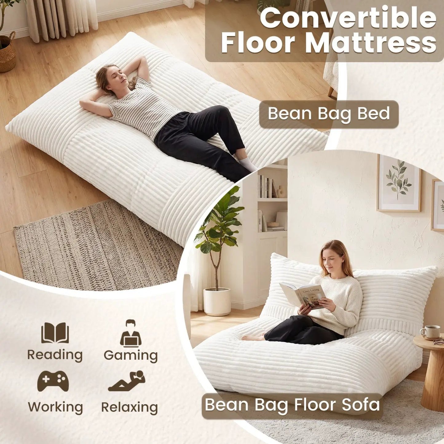 Convertible Bean Bag Floor Sofa Corduroy Cover