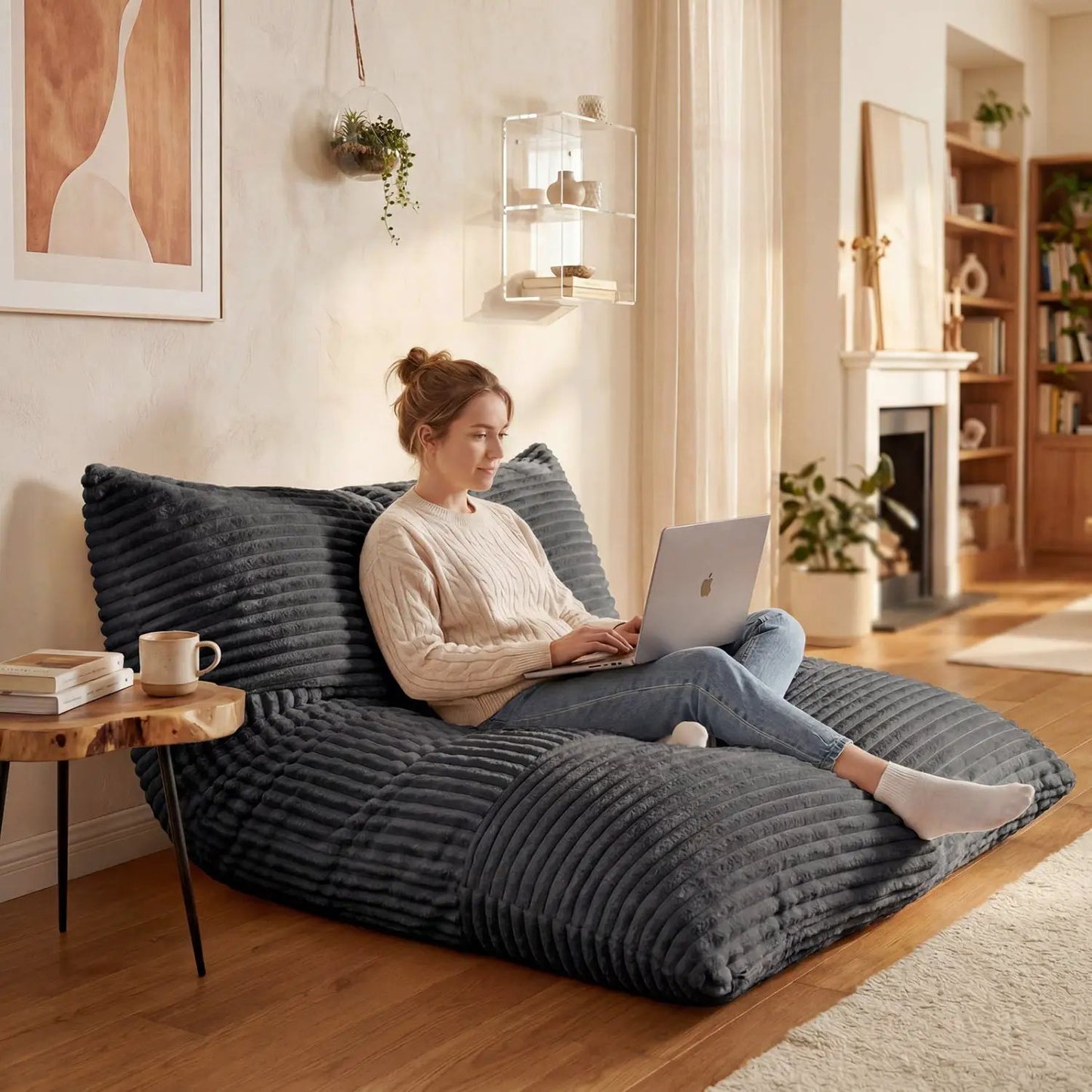 Convertible Bean Bag Floor Sofa Corduroy Cover