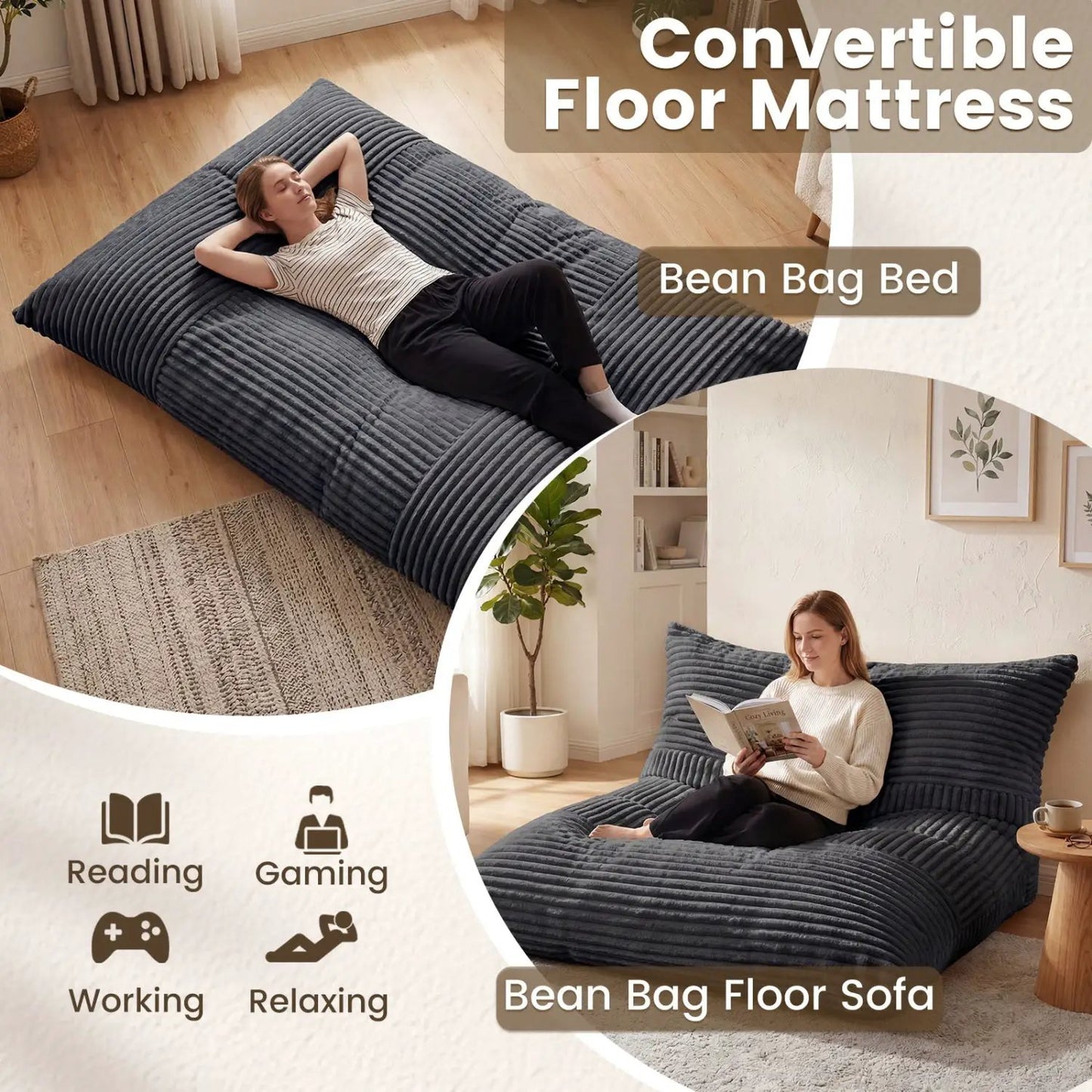 Convertible Bean Bag Floor Sofa Corduroy Cover
