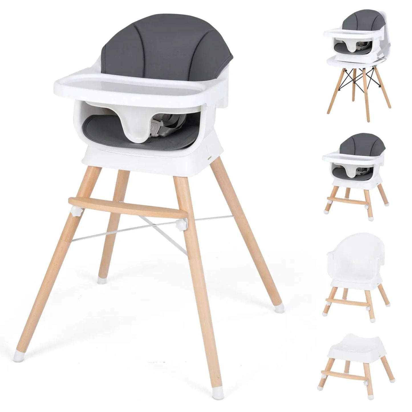 Solid Wood Convertible High Chair 3 Position Tray